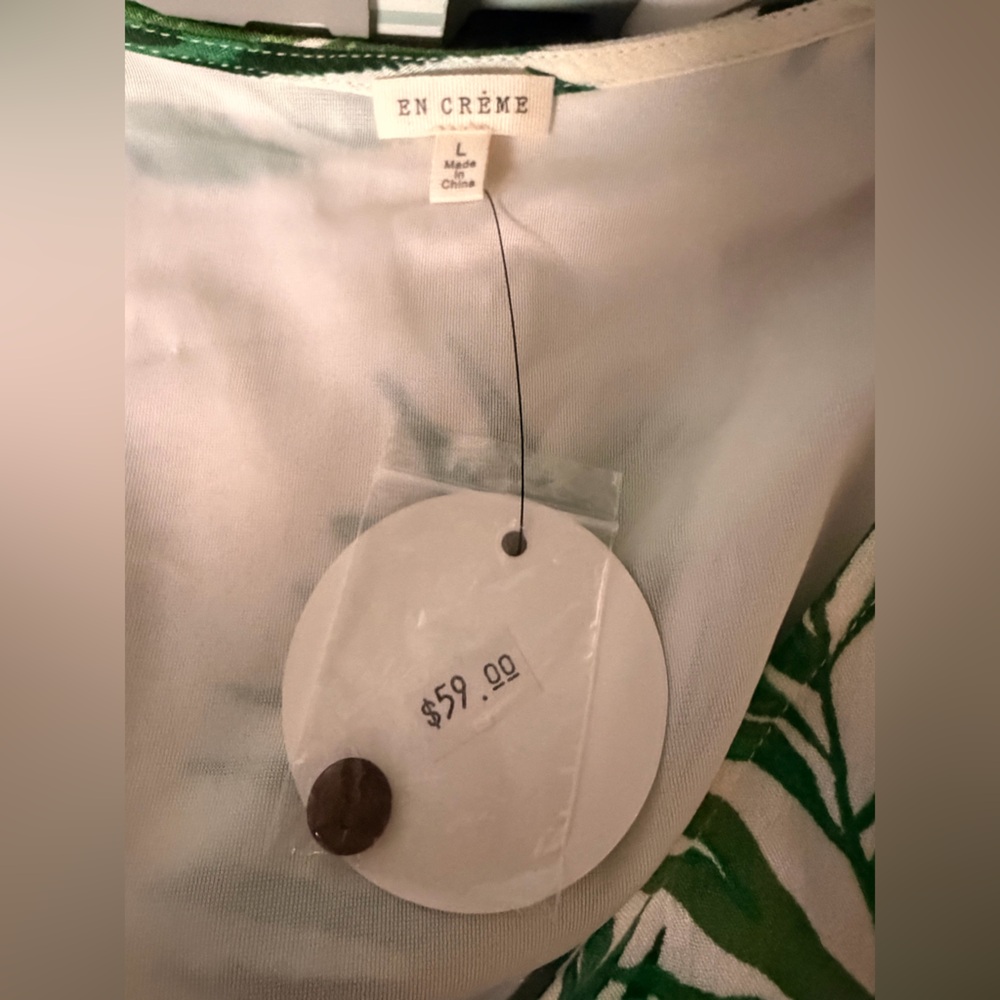 En Créme Women’s Size Large Tropical Green Leaf V-Neck Button-Front Dress - Picture 10 of 13